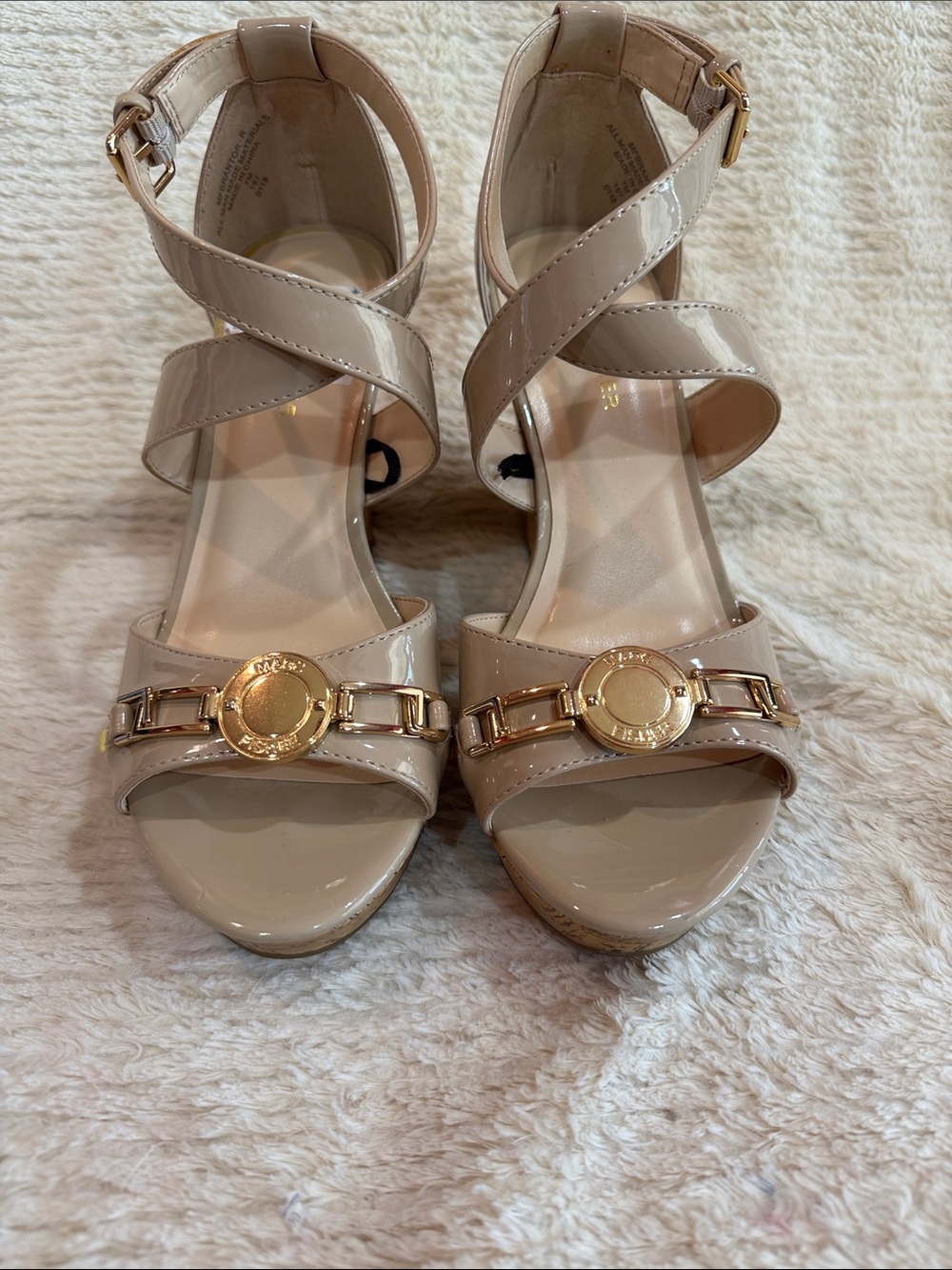 Marc Fisher Nude Patent Leather Strappy Heels with Gold Medallion